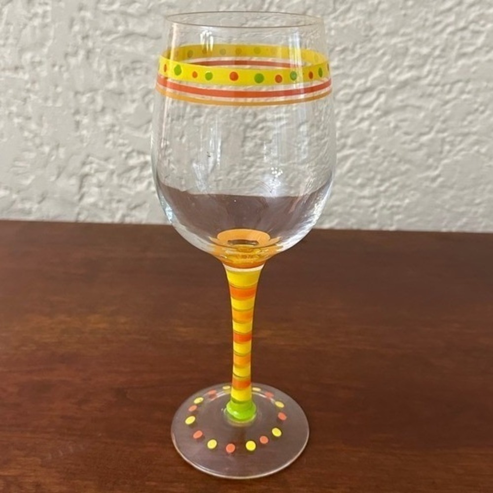 Hand Painted Whimsical Polka Dot Striped Orange Yellow Wine Glass Summer